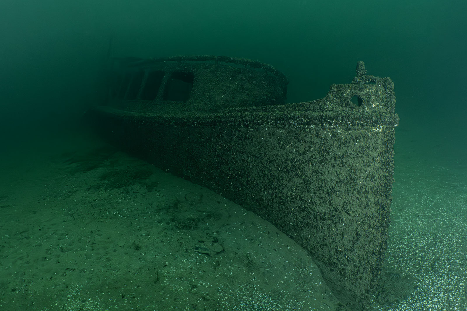 Sunken boat wreck in green water